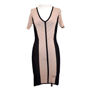 Torn by Ronny Kobo Womens Scoop Neck Stretch Knit Sheath Dress Beige Black Small